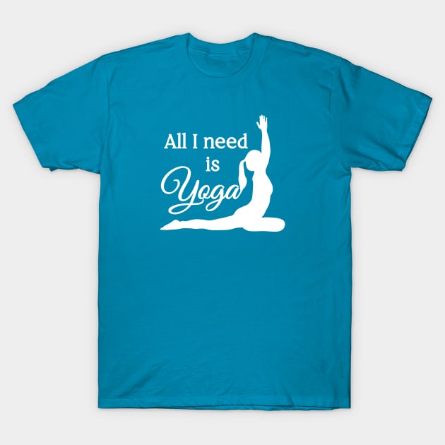 All I Need is Yoga | White | Cyan T-Shirt by Wintre2